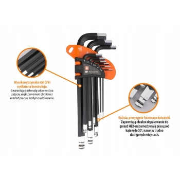 Zestaw kluczy imbusowych HEX 1,5-10 mm- klucze imbusowe długie 9szt TEGER