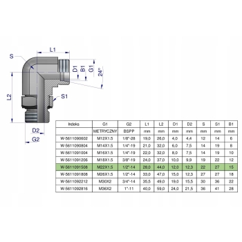 Kolanko hydrauliczne nastawne BB M22x1.5 15L x 1/2calcalBSP z regulacją WARYŃSKI, W-5611091508
