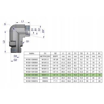 Kolanko hydrauliczne nastawne BB M26x1.5 18L x 1/2calcalBSP z regulacją WARYŃSKI, W-5611091808