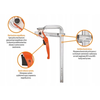 Ścisk ślusarski dzwigniowy szybkomocujący 140x300mm TEGER