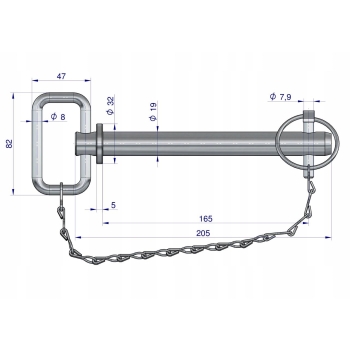 Sworzeń zaczepu z zawleczką i łańcuchem 19x165x205 TEGER