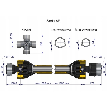 Wał wałek WOM 1290-1990mm 1240Nm Z6 1 3/4 sprzęgło jednokierunkowe WARYŃSKI