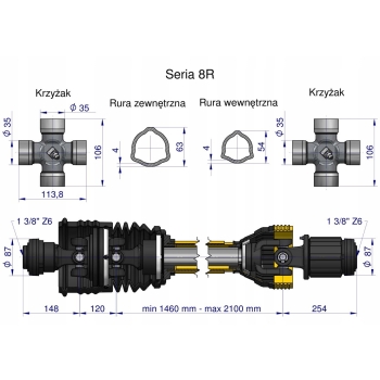 Wał WOM 1460-2100mm 1240Nm szerokokątny sprzęgło zapadkowe 1700Nm WARYŃSKI