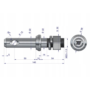 Sworzeń z gwintem fi 22/50 mm M22x1.5/40 mm 140 mm TEGER
