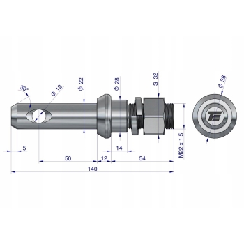 Sworzeń z gwintem T-SG22502240140.1 fi 22/50 mm M22x1.5/40 mm 140 mm TEGER