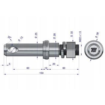 Sworzeń z gwintem T-SG25602240150 fi 25/60 mm M22x1.5/40 mm 150 mm TEGER, T-SG25602240150