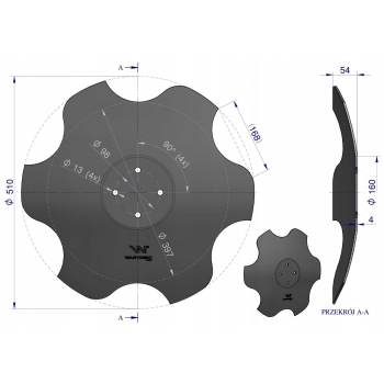 Talerz skrajny lewy fi 510 4/98 grubość 4mm stal borowa WARYŃSKI