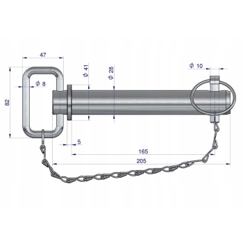 Sworzeń zaczepu z zawleczką i łańcuchem 28x165x205 TEGER [T-SZZL28165205], T-SZZL28165205