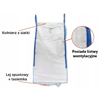 Worek BIG BAG 1000kg wentylowany 95x95x180 Lej spustowy Tasiemka TEGER, T-BB1TW95X180-K/1L