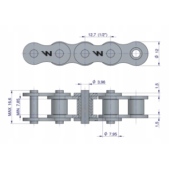 Łańcuch rolkowy wzmocniony 08A-1 ANSI A 40 (R1 1/2) 2.5m WARYŃSKI