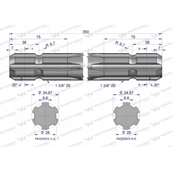 Wałek WOM frezowany dwustronnie 350mm Z6 - 1 3/8 WARYŃSKI
