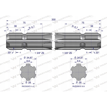Wałek WOM frezowany dwustronnie 300mm Z6 - 1 3/8 WARYŃSKI