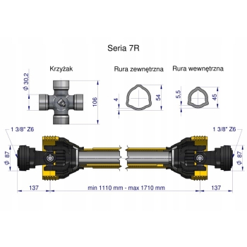 Wał przegubowo-teleskopowy 1110-1710mm 970Nm CE 2020 seria 7R WARYŃSKI
