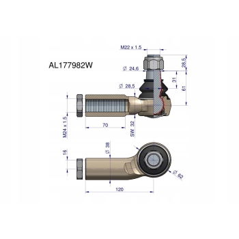 Przegub kierowniczy prawy 120mm - M24x1,5 John Deere AL177982 WARYŃSKI