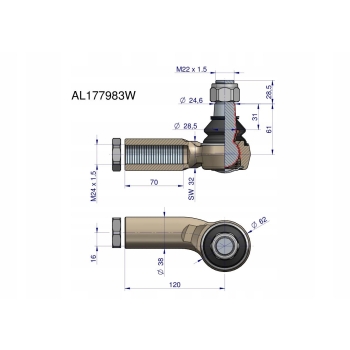 Przegub kierowniczy lewy 120mm - M24x1,5 John Deere AL177983 WARYŃSKI
