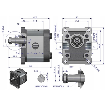 Pompa hydrauliczna zębata 6.0cm3 wałek 1:8 obroty R max.260 bar WARYŃSKI