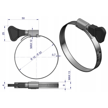 Opaska zaciskowa z pokrętłem 12-22 ślimakowa nierdzewna 9mm TEGER 15 sztuk
