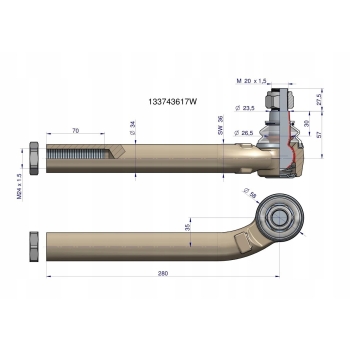 Przegub kierowniczy prawy 280mm- M24x1,5 133743617 WARYŃSKI