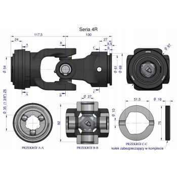 Przegub kompletny z krzyżakiem 27X82 rury zewnętrznej 51.5mm WARYŃSKI