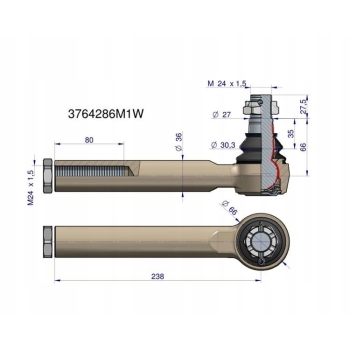 Przegub kierowniczy 238mm M24x1.5 WARYŃSKI