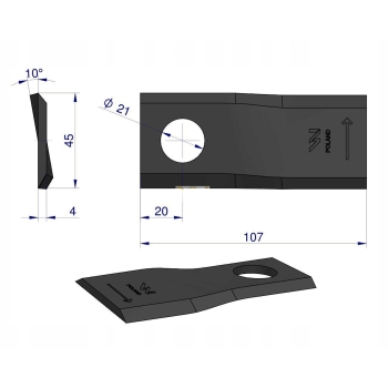 Nóż nożyk kosiarka L 107x46x4mm otwór 21 WARYŃSKI