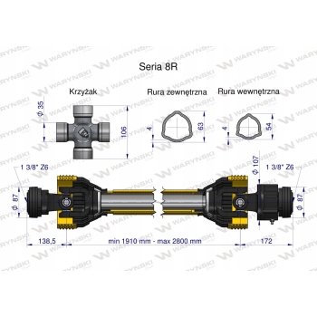 Wał wałek WOM 8R 1910-2800mm 1240Nm sprzęgło jednokierunkowe WARYŃSKI