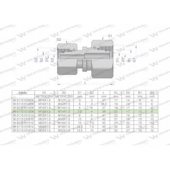 Złączka hydrauliczna AA M18x1.5 x M14x1.5 WARYŃSKI