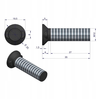 Śruba płużna dwunoskowa M12x35mm kl.12.9 WARYŃSKI