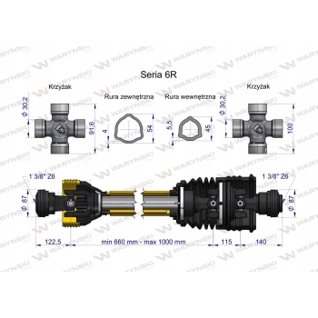 Wał wałek WOM 660-1000mm 830Nm WARYŃSKI