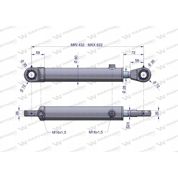 Siłownik dwustronny 432-632mm uszy 30mm WARYŃSKI