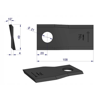 Nóż nożyk kosiarka lewy 108x48x4mm otwór 21 434971 Pottinger 25szt WARYŃSKI