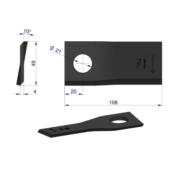 Nóż nożyk kosiarka prawy 108x48x4mm otwór 21 434972 Pottinger 25x WARYŃSKI