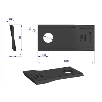 Nóż nożyk kosiarka lewy 106x48x4mm otwór 19 153967201 SIP 25 sztuk WARYŃSKI
