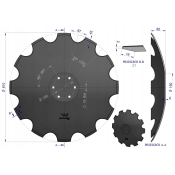 Talerz uzębiony Z12 fi 610 6/120 grubość 6mm prosta piasta Tolmet WARYŃSKI