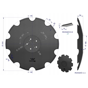 Talerz uzębiony Z-10 fi 510 5/98 4mm stal borowa prosta piasta WARYŃSKI