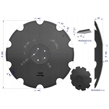 Talerz uzębiony Z-10 fi 560 5/98 4.5 mm stal borowa prosta piasta WARYŃSKI