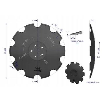 Talerz uzębiony Z-10 fi 460 5/98 3,5 mm stal borowa prosta piasta WARYŃSKI