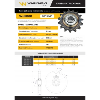 Koło zębate napinacza z łożyskiem 10B-1 (R1 5/8) Z-17 fi 16 WARYŃSKI