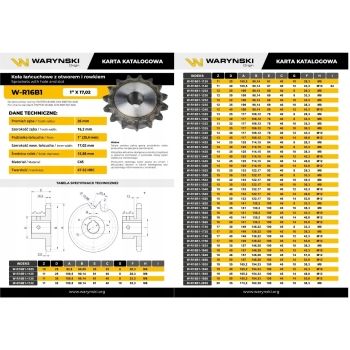 Koło łańcuchowe, hartowane 16B1 (R1 1) Z-19 otwór 45mm WARYŃSKI
