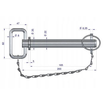 Sworzeń zaczepu z zawleczką i łańcuchem 22x165x200 TEGER