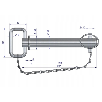 Sworzeń zaczepu z zawleczką i łańcuchem 25x165x205 TEGER