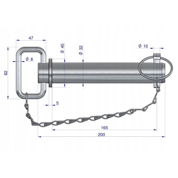Sworzeń zaczepu z zawleczką i łańcuchem 32x165x200 TEGER, T-SZZL32165200