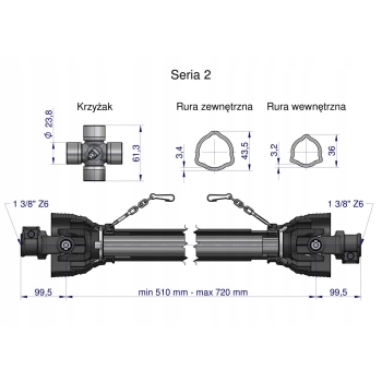 Wał wałek WOM 510-720mm 270Nm 40210 CE 2020 seria 2R ROYAL FARM