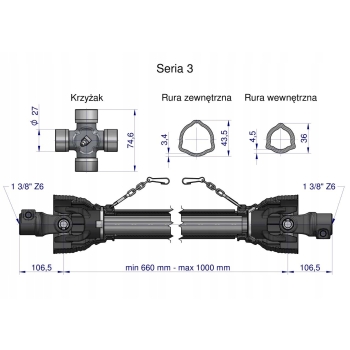 Wał wałek WOM 660-1000mm 460Nm 50230 CE 2020 seria 3R ROYAL FARM