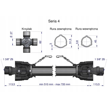 Wał wałek WOM 510-720mm 540Nm CE 2020 seria 4R ROYAL FARM
