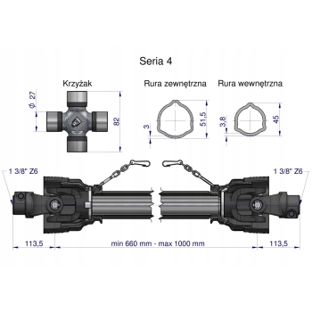 Wał wałek WOM 660-1000mm 540Nm CE 2020 seria 4R ROYAL FARM