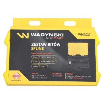 Zestaw bitów 75mm spline ze stali S2 z adapterem 1/2