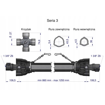 Wał wałek WOM 860-1250mm 460Nm 50250 CE 2020 seria 3R ROYAL FARM, R3B1B1860