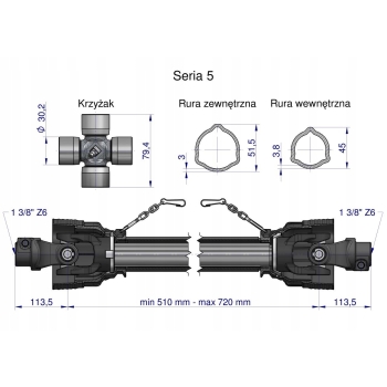 Wał wałek WOM 510-720mm 620Nm 60210 CE 2020 seria 5R ROYAL FARM