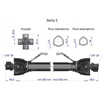 Wał wałek WOM 560-830mm 270Nm 40220 CE 2020 seria 2R ROYAL FARM